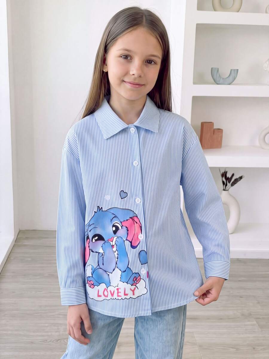 SHEIN Tween Girls' Cartoon Character Letter Print Long Sleeve Stand Collar Shirt, Fall Tops, Outings, School, Casual Cute, Comfortable