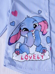 SHEIN Tween Girls' Cartoon Character Letter Print Long Sleeve Stand Collar Shirt, Fall Tops, Outings, School, Casual Cute, Comfortable - Blue - View 7