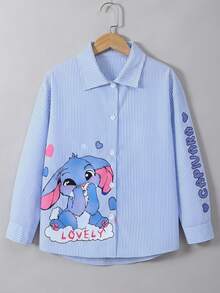 SHEIN Tween Girls' Cartoon Character Letter Print Long Sleeve Stand Collar Shirt, Fall Tops, Outings, School, Casual Cute, Comfortable - Blue - View 4