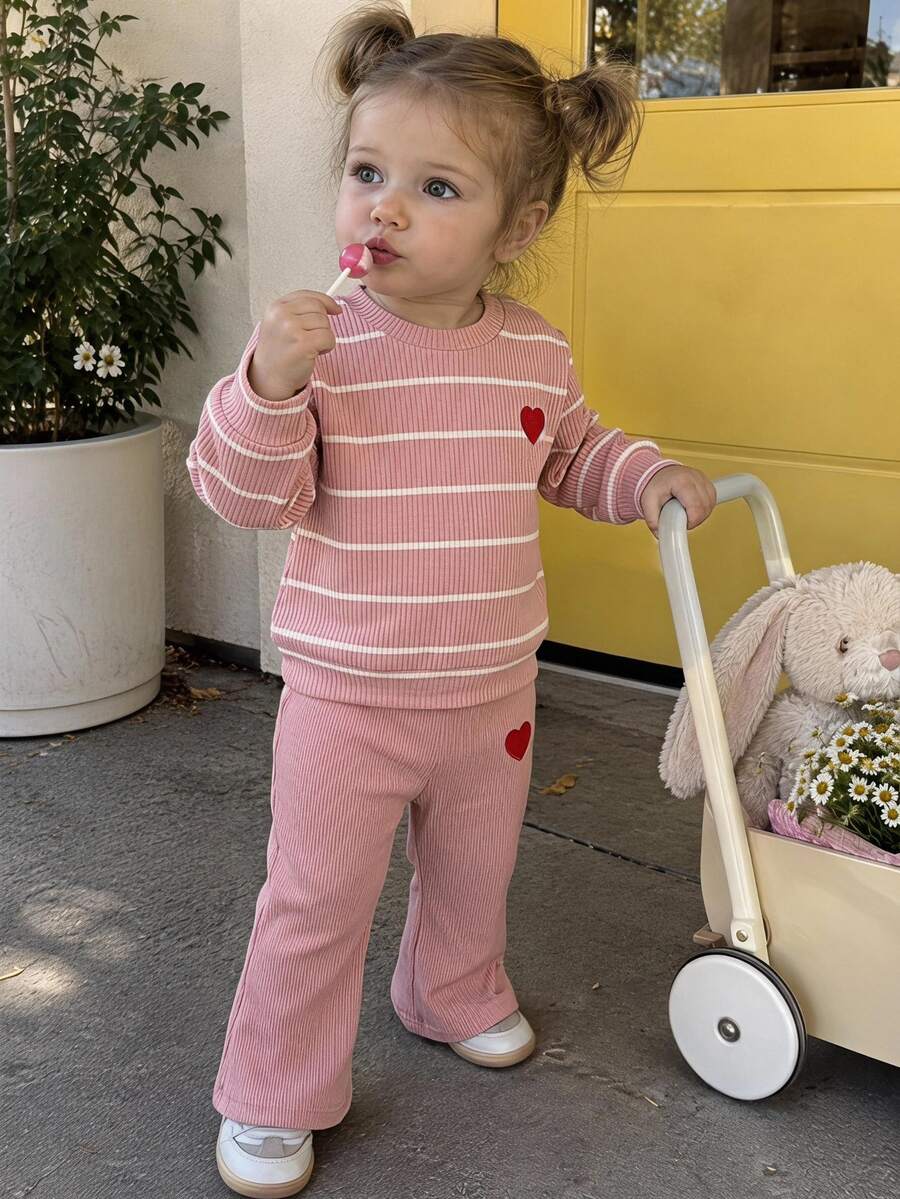 SHEIN 3pcs Baby Girls Sweatshirt Flare Pants Set Cute Sweet Pink White Striped Ribbed Red Heart Patch Long Sleeve Round Neck Birthday Party Fall Autumn Hat