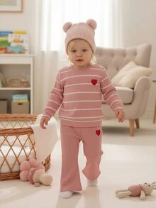 SHEIN 3pcs Baby Girls Sweatshirt Flare Pants Set Cute Sweet Pink White Striped Ribbed Red Heart Patch Long Sleeve Round Neck Birthday Party Fall Autumn Hat - Pink - View 4