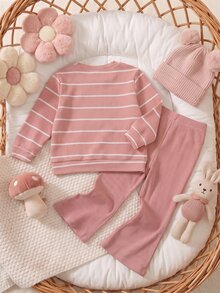 SHEIN 3pcs Baby Girls Sweatshirt Flare Pants Set Cute Sweet Pink White Striped Ribbed Red Heart Patch Long Sleeve Round Neck Birthday Party Fall Autumn Hat - Pink - View 3
