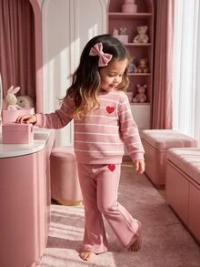 SHEIN 3pcs Baby Girls Sweatshirt Flare Pants Set Cute Sweet Pink White Striped Ribbed Red Heart Patch Long Sleeve Round Neck Birthday Party Fall Autumn Hat - Pink - View 9