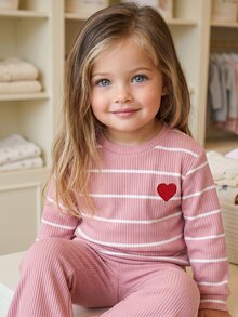 SHEIN 3pcs Baby Girls Sweatshirt Flare Pants Set Cute Sweet Pink White Striped Ribbed Red Heart Patch Long Sleeve Round Neck Birthday Party Fall Autumn Hat - Pink - View 8