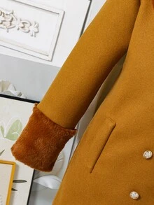 SHEIN Jaket Anak Perempuan Remaja Musim Gugur, Pakaian Musim Gugur, Patchwork Warna-warni, Kerah Bulu, Lengan Panjang, Kancing Ganda, Jaket Musim Gugur, Jaket Sekolah/Klub, Cokelat, Elegan, Korea - Khaki - View 8