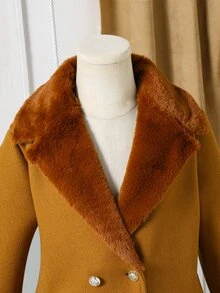 SHEIN Jaket Anak Perempuan Remaja Musim Gugur, Pakaian Musim Gugur, Patchwork Warna-warni, Kerah Bulu, Lengan Panjang, Kancing Ganda, Jaket Musim Gugur, Jaket Sekolah/Klub, Cokelat, Elegan, Korea - Khaki - View 6