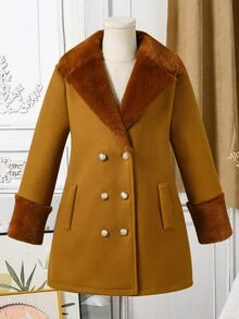 SHEIN Jaket Anak Perempuan Remaja Musim Gugur, Pakaian Musim Gugur, Patchwork Warna-warni, Kerah Bulu, Lengan Panjang, Kancing Ganda, Jaket Musim Gugur, Jaket Sekolah/Klub, Cokelat, Elegan, Korea - Khaki - View 4