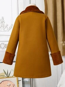 SHEIN Jaket Anak Perempuan Remaja Musim Gugur, Pakaian Musim Gugur, Patchwork Warna-warni, Kerah Bulu, Lengan Panjang, Kancing Ganda, Jaket Musim Gugur, Jaket Sekolah/Klub, Cokelat, Elegan, Korea - Khaki - View 3