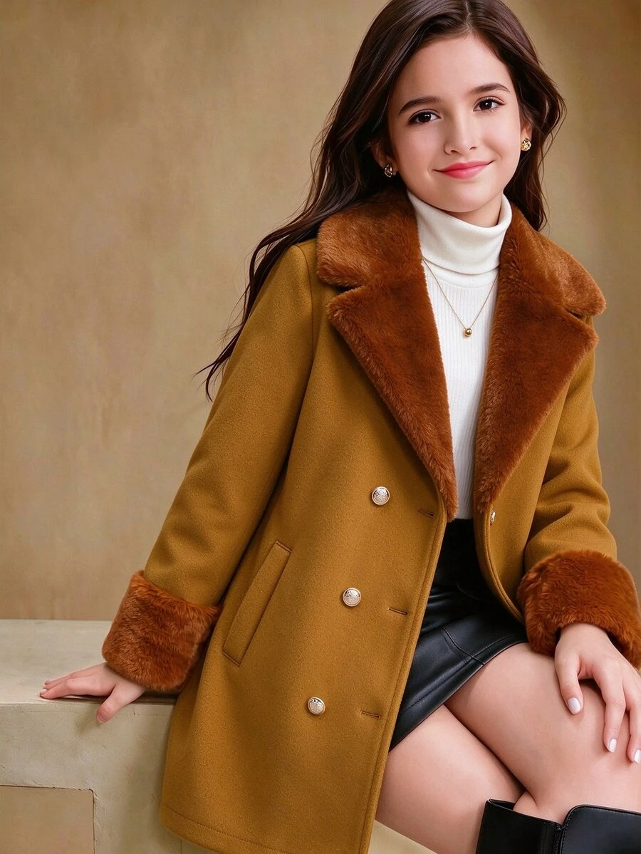 SHEIN Jaket Anak Perempuan Remaja Musim Gugur, Pakaian Musim Gugur, Patchwork Warna-warni, Kerah Bulu, Lengan Panjang, Kancing Ganda, Jaket Musim Gugur, Jaket Sekolah/Klub, Cokelat, Elegan, Korea