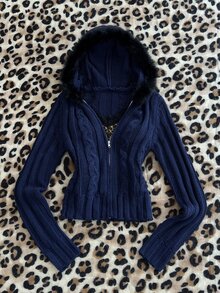 Elamini Women's Fashion Classic Cable Knit Everyday Commute Outfit Autumn/Winter Hooded Fur Collar Cardigan Sweater - Black - View 6