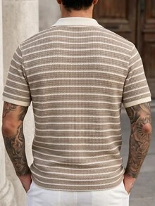 Manfinity CasualCool 男士卡其色白色條紋針織短袖 Polo 衫，適合日常度假休閒、外出穿著，亦可作為送給男友或丈夫的禮物，復古老錢風 - 彩色 - 查看 2