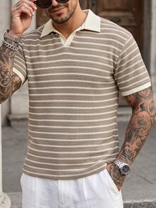 Manfinity CasualCool 男士卡其色白色條紋針織短袖 Polo 衫，適合日常度假休閒、外出穿著，亦可作為送給男友或丈夫的禮物，復古老錢風 - 彩色 - 查看 1
