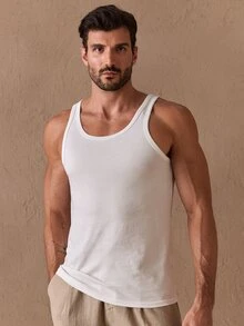 Vientiro Men's Slim Fit Ribbed Tank Top In White. Soft Stretchy Knit Fabric, Crew Neck, Sleeveless Design. Breathable & Comfortable For Gym, Casual Outings, Football - White - View 4