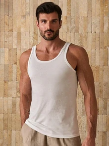 Vientiro Men's Slim Fit Ribbed Tank Top In White. Soft Stretchy Knit Fabric, Crew Neck, Sleeveless Design. Breathable & Comfortable For Gym, Casual Outings, Football - White - View 3