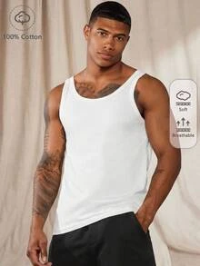 Vientiro Men's Slim Fit Ribbed Tank Top In White. Soft Stretchy Knit Fabric, Crew Neck, Sleeveless Design. Breathable & Comfortable For Gym, Casual Outings, Football - White - View 1