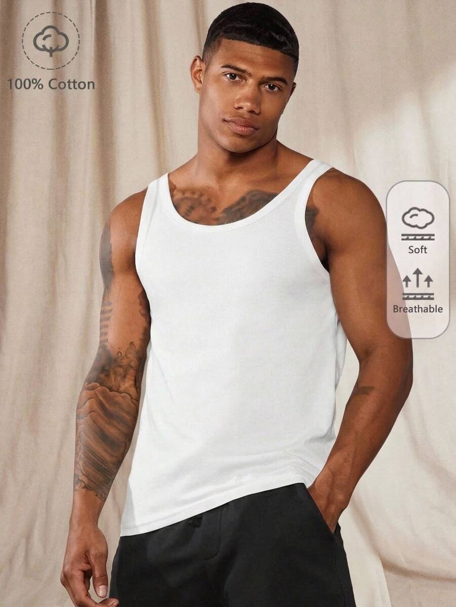 Vientiro Men's Slim Fit Ribbed Tank Top In White. Soft Stretchy Knit Fabric, Crew Neck, Sleeveless Design. Breathable & Comfortable For Gym, Casual Outings, Football - White - View 1