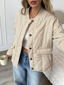 Easowa Women's Fall Winter Minimalist Casual Warm Button Long Sleeve Padded Coat Everyday Going Out Beige - Khaki - View 5