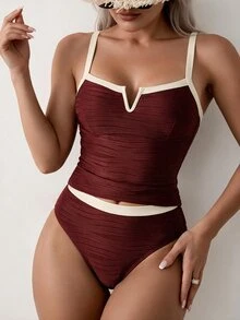 SHEIN Swim 女士纯色纹理面料撞色吊带背心和比基尼两件式泳衣，适合海滩度假穿着，女士连体泳衣，全包覆红色连体泳衣，女士海滩装扮，女士连体泳衣 - 酒紅色 - 查看 3
