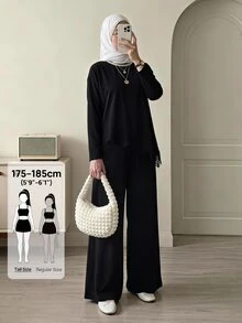 SHEIN Tall Black Long-Sleeved, Long-Trouser Casual Muslim-Style Two Pieces Set With Lace Detailing For Tall Wome - Black - View 9