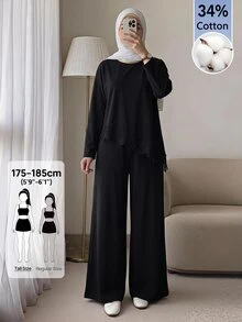 SHEIN Tall Black Long-Sleeved, Long-Trouser Casual Muslim-Style Two Pieces Set With Lace Detailing For Tall Wome - Black - View 4