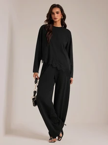 SHEIN Tall Black Long-Sleeved, Long-Trouser Casual Muslim-Style Two Pieces Set With Lace Detailing For Tall Wome - Black - View 6
