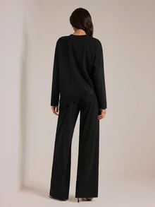 SHEIN Tall Black Long-Sleeved, Long-Trouser Casual Muslim-Style Two Pieces Set With Lace Detailing For Tall Wome - Black - View 8