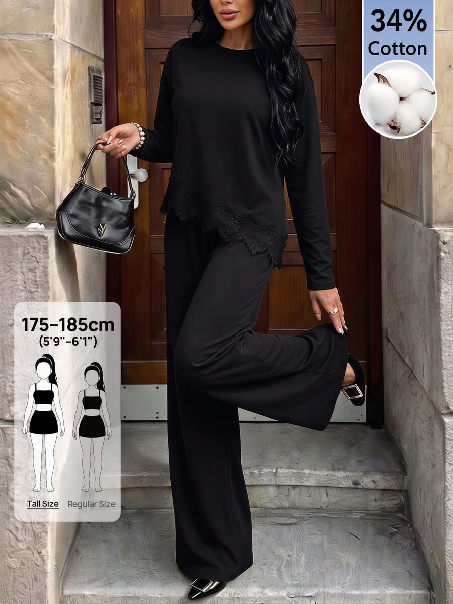 SHEIN Tall Black Long-Sleeved, Long-Trouser Casual Muslim-Style Two Pieces Set With Lace Detailing For Tall Wome - Black - View 1
