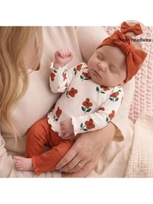 SHEIN Newborn Baby Floral Print Long Sleeve Top And Pants Casual Daily Home Sleepwear Set - Orange - View 2