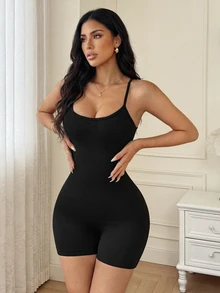 Slayform Slayform Women's Backless Spaghetti Strap Jumpsuit, U-Neck Sexy Lifting Padded Romper Shorts Bodysuit, Spring/Summer - Black - View 4