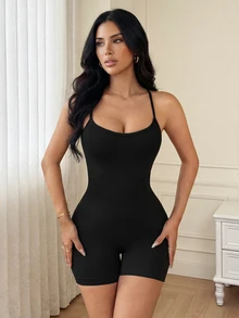 Slayform Slayform Women's Backless Spaghetti Strap Jumpsuit, U-Neck Sexy Lifting Padded Romper Shorts Bodysuit, Spring/Summer - Black - View 5