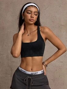 SHEIN Sports 女士纯色交叉肩带休闲运动文胸 - 燧石 - 查看 5