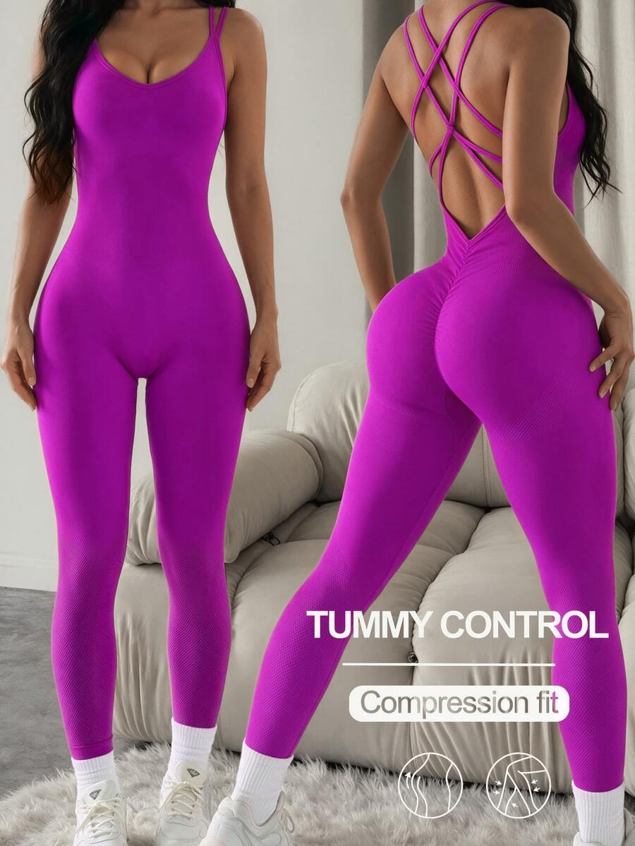 Slayform Slayform Women's Solid Color Criss-Cross Back Strap Jumpsuit, Sports Activewear - Violet Purple - View 1