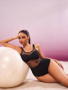 SHEIN Sports Women Plain Color Spaghetti Strap Fashion Bodysuit, Suitable For Summer - Black - View 4