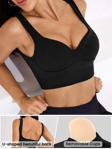 Gameset SHEIN Sport Women Casual Sweetheart Collar Minimalist Design Sports Bra, Breathable - Black - View 3