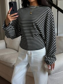 Siren Gaze 女士圆领条纹T恤，秋冬新品 - 黑與白 - 查看 6