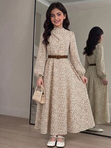 SHEIN 兒童青少年女孩灰調花卉印花長袖休閒Downtown Girl風優雅連衣裙，立領燈籠袖A字版型，通勤開學秋季款 - 白色 - 查看 7