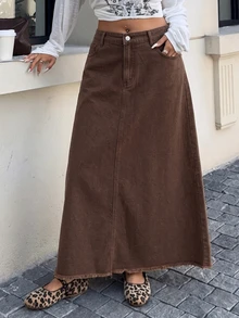 SHEIN MOD 大尺碼女款 90 年代復古傳統街頭風丹寧長裙，鈕扣口袋、毛邊下擺，棕色秋季休閒工作裙，適合早午餐穿著 - 棕色 - 查看 5