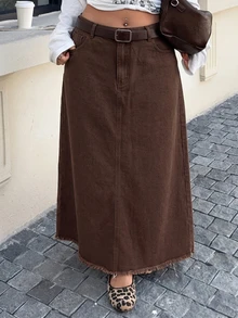SHEIN MOD 大尺碼女款 90 年代復古傳統街頭風丹寧長裙，鈕扣口袋、毛邊下擺，棕色秋季休閒工作裙，適合早午餐穿著 - 棕色 - 查看 6