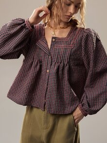 SHEIN Blus Wanita Motif Bohemian Kotak-kotak dengan Hiasan Renda dan Lipatan. - Merah - View 7