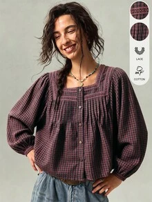 SHEIN Blus Wanita Motif Bohemian Kotak-kotak dengan Hiasan Renda dan Lipatan. - Merah - View 1