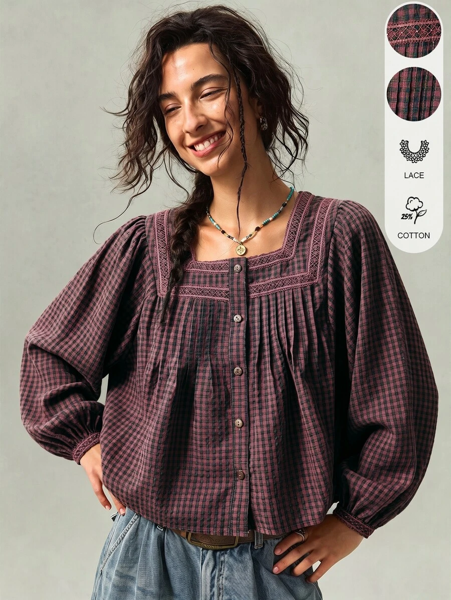 SHEIN Blus Wanita Motif Bohemian Kotak-kotak dengan Hiasan Renda dan Lipatan. - Merah - View 1