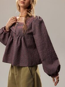 SHEIN Blus Wanita Motif Bohemian Kotak-kotak dengan Hiasan Renda dan Lipatan. - Merah - View 6