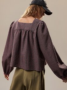 SHEIN Blus Wanita Motif Bohemian Kotak-kotak dengan Hiasan Renda dan Lipatan. - Merah - View 2