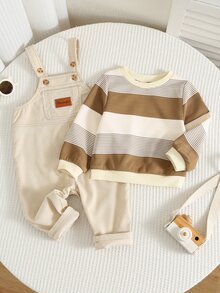 SHEIN 男女嬰兒/幼兒 2件組秋冬休閒可愛條紋運動衫套裝，燈芯絨吊帶褲，嬰兒冬季衣著/套裝，萬聖節 - 卡其色 - 查看 2