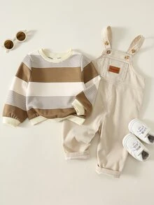 SHEIN 男女嬰兒/幼兒 2件組秋冬休閒可愛條紋運動衫套裝，燈芯絨吊帶褲，嬰兒冬季衣著/套裝，萬聖節 - 卡其色 - 查看 5