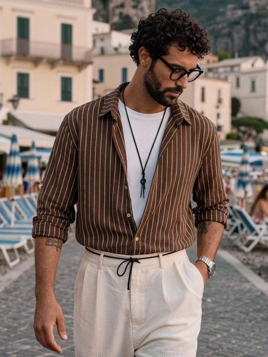 HIMLAND Men's Striped Shirt, Long Sleeve Button-Down, Old Money Aesthetic, Resort Wear, Vertical Stripe Top, Italian Vacation Style, Breathable Summer Shirt - Brown - View 1