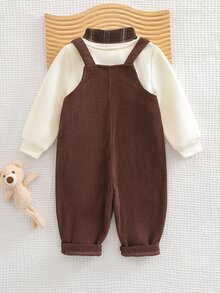 SHEIN Baby Boy Knitted Solid Color Patchwork Patch Collar Casual Sweatshirt And Woven Bear Patch Casual Suspender Long Autumn Winter Pants 2 Pieces Set - Multicolor - View 2