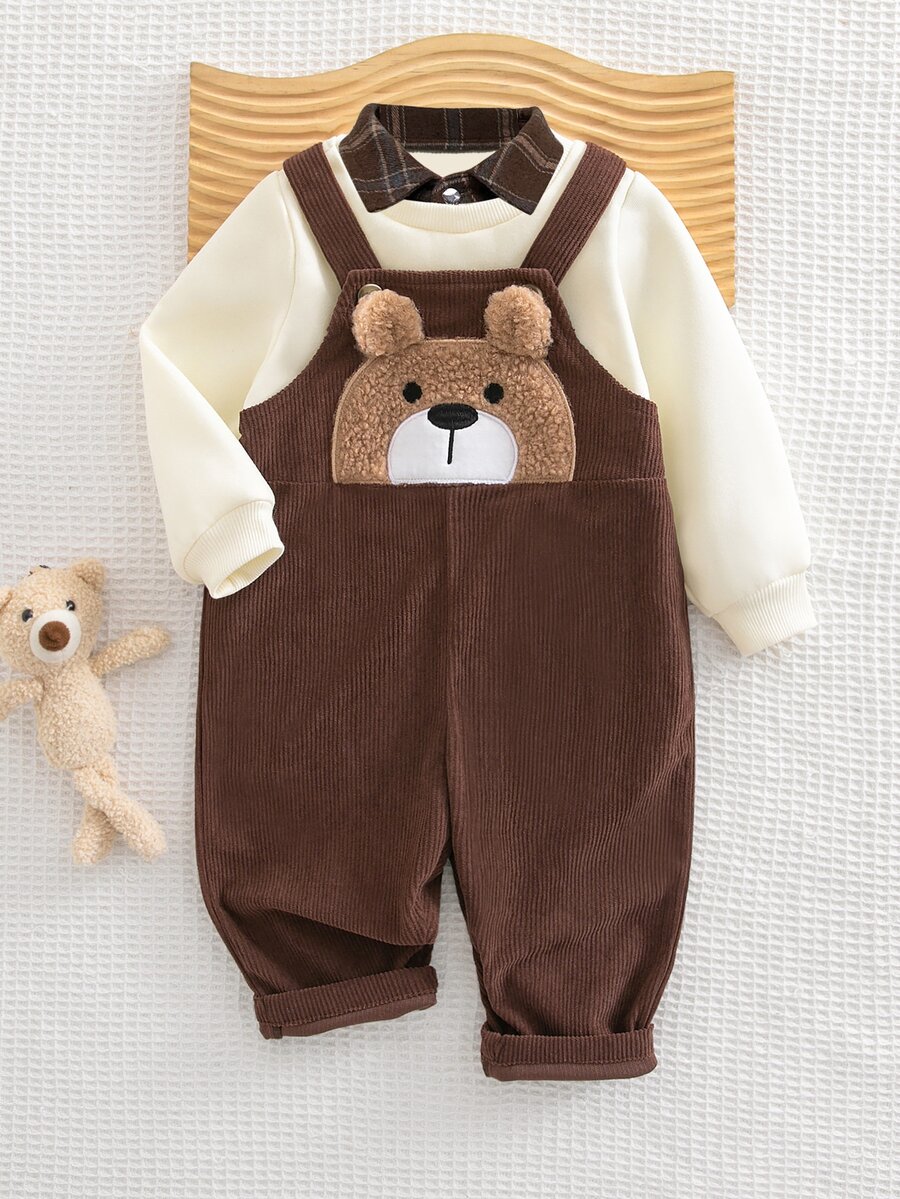 SHEIN Baby Boy Knitted Solid Color Patchwork Patch Collar Casual Sweatshirt And Woven Bear Patch Casual Suspender Long Autumn Winter Pants 2 Pieces Set - Multicolor - View 1