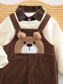 SHEIN Baby Boy Knitted Solid Color Patchwork Patch Collar Casual Sweatshirt And Woven Bear Patch Casual Suspender Long Autumn Winter Pants 2 Pieces Set - Multicolor - View 4
