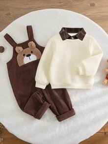 SHEIN Baby Boy Knitted Solid Color Patchwork Patch Collar Casual Sweatshirt And Woven Bear Patch Casual Suspender Long Autumn Winter Pants 2 Pieces Set - Multicolor - View 3